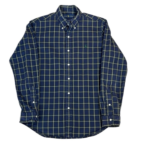 Ralph Lauren Navy Blue/Yellow/Green Plaid Cotton Button Down Shirt Fade Medium - Picture 4 of 11